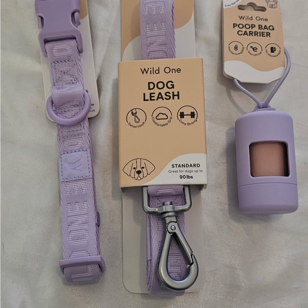 Wild One Woven Sport Collar, Leash, Poop Bag Carrier (L/XL) Lavender